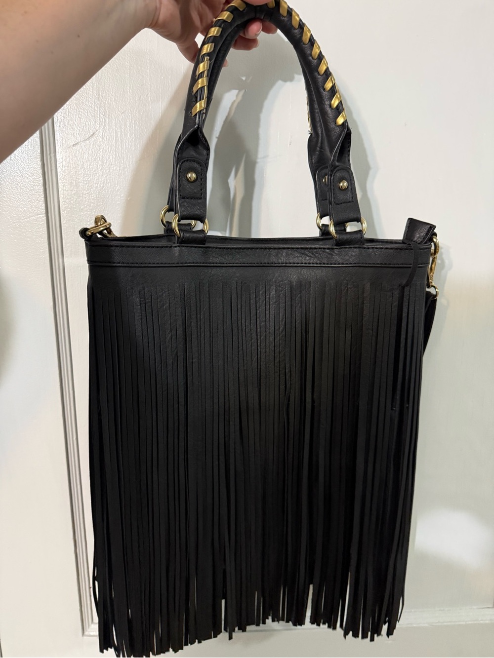 Donna Salyers Fabulous Furs Black Fringe Shoulder Tote with Gold Accents.